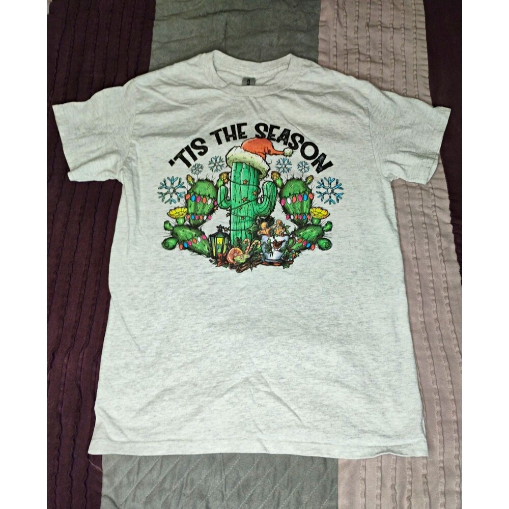 Gildan Heavy Cotton 'Tis the Season' Christmas Cactus Gray T-Shirt Sz S